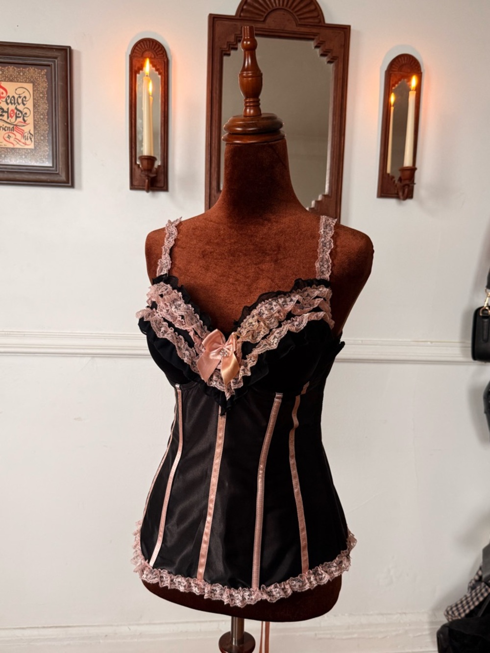 Frederick's of Hollywood Black Satin Bustier with Blush Lace Trim
